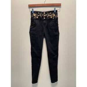 Vintage Juniors Skinny Jeans Size 1 Black Floral Embroidered Stretch Whimsigoth